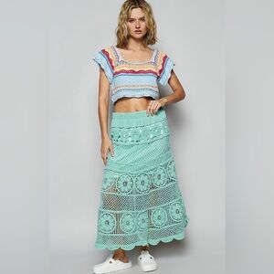 POL Lace Maxi Skirt in Aqua Teal One Size